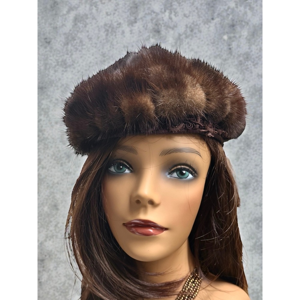 Deborah Exclusive Vintage Mink Fur Beret Hat Brown Pillbox Style